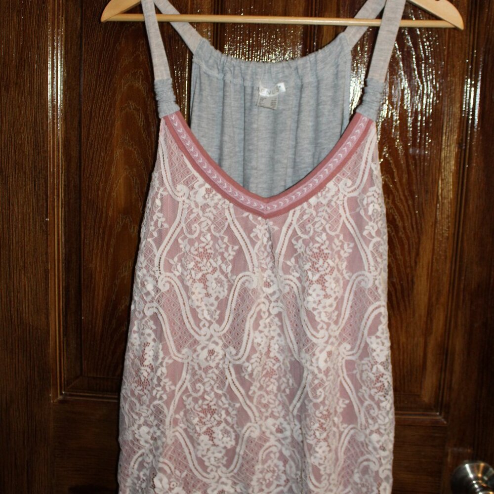 Grey Knit tank top with white over pink lace front